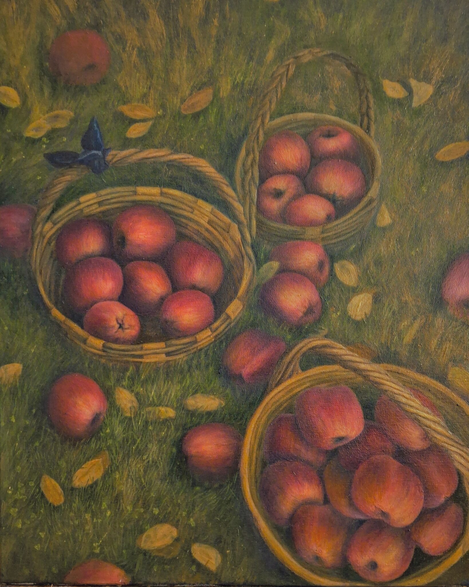 Woven baskets filled with apples on grass.