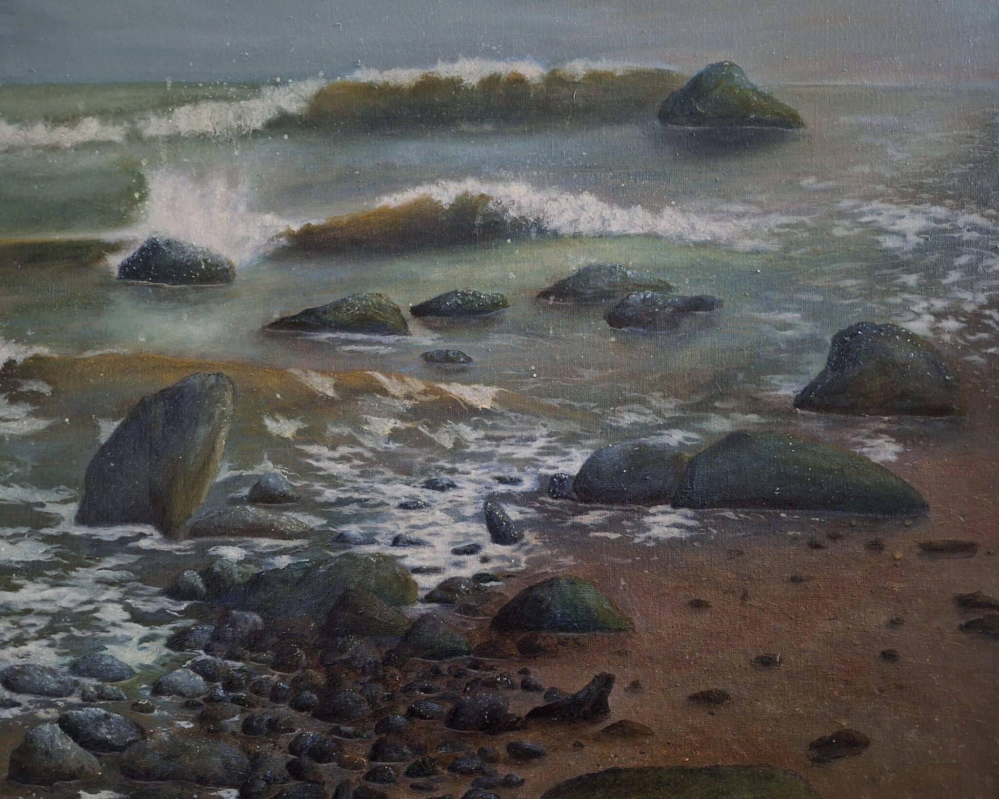 A rocky shoreline in the early morning light.