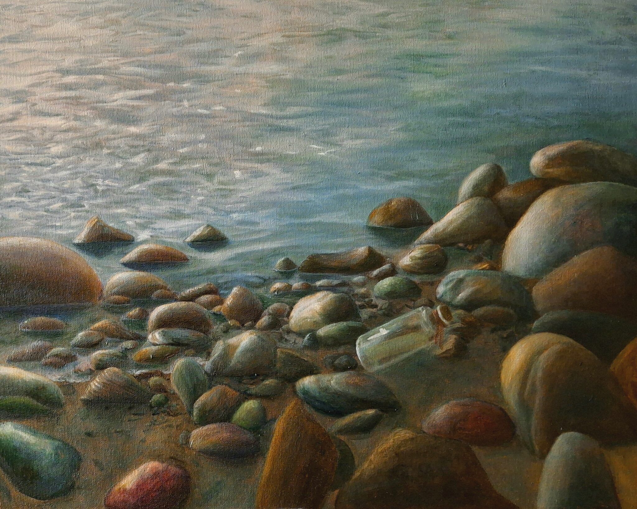A painting of a rocky shoreline, with a small glass bottle and a piece of paper inside.
