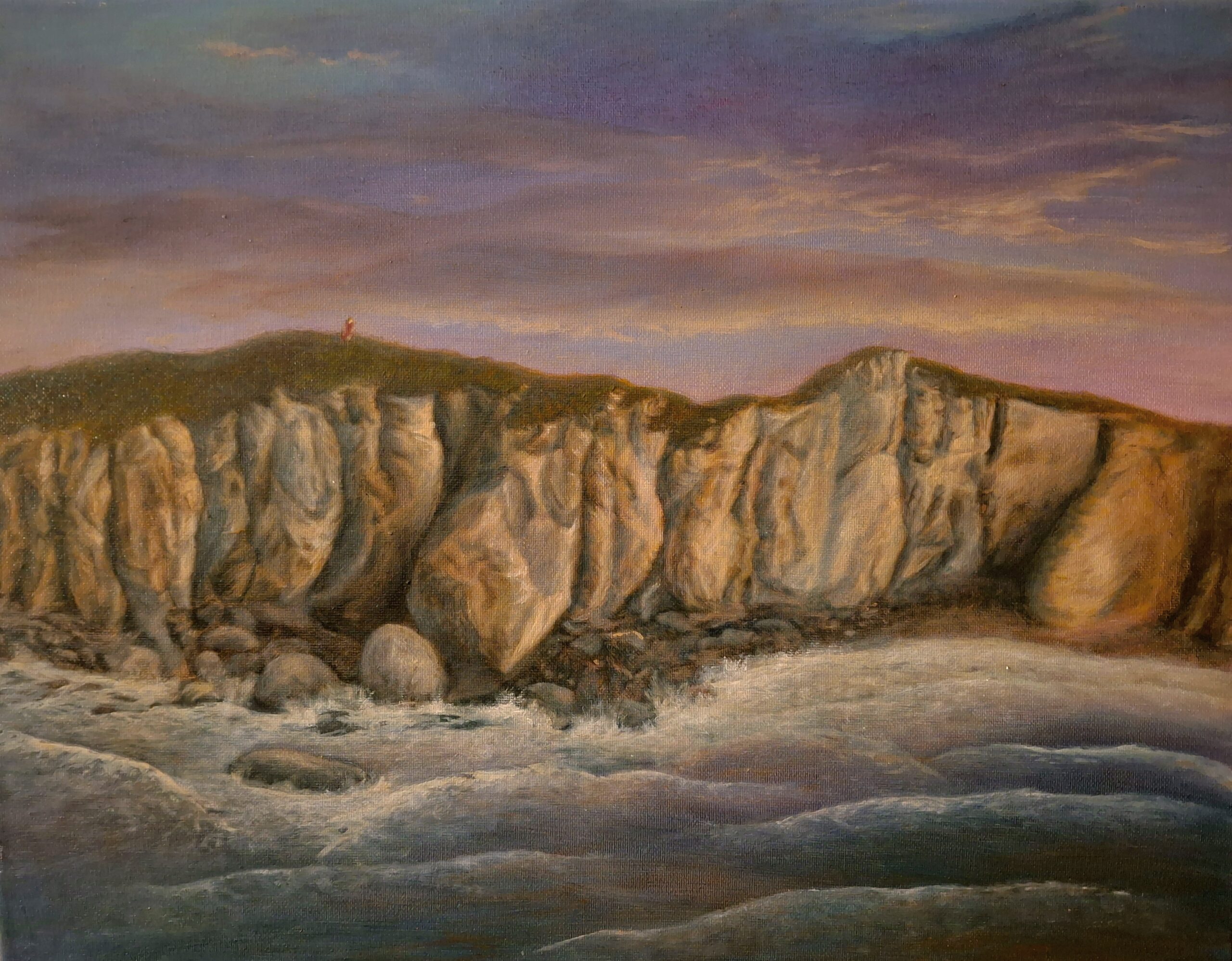 A painting of a cliffside at sunset. Waves are crashing and there are clouds in the background.