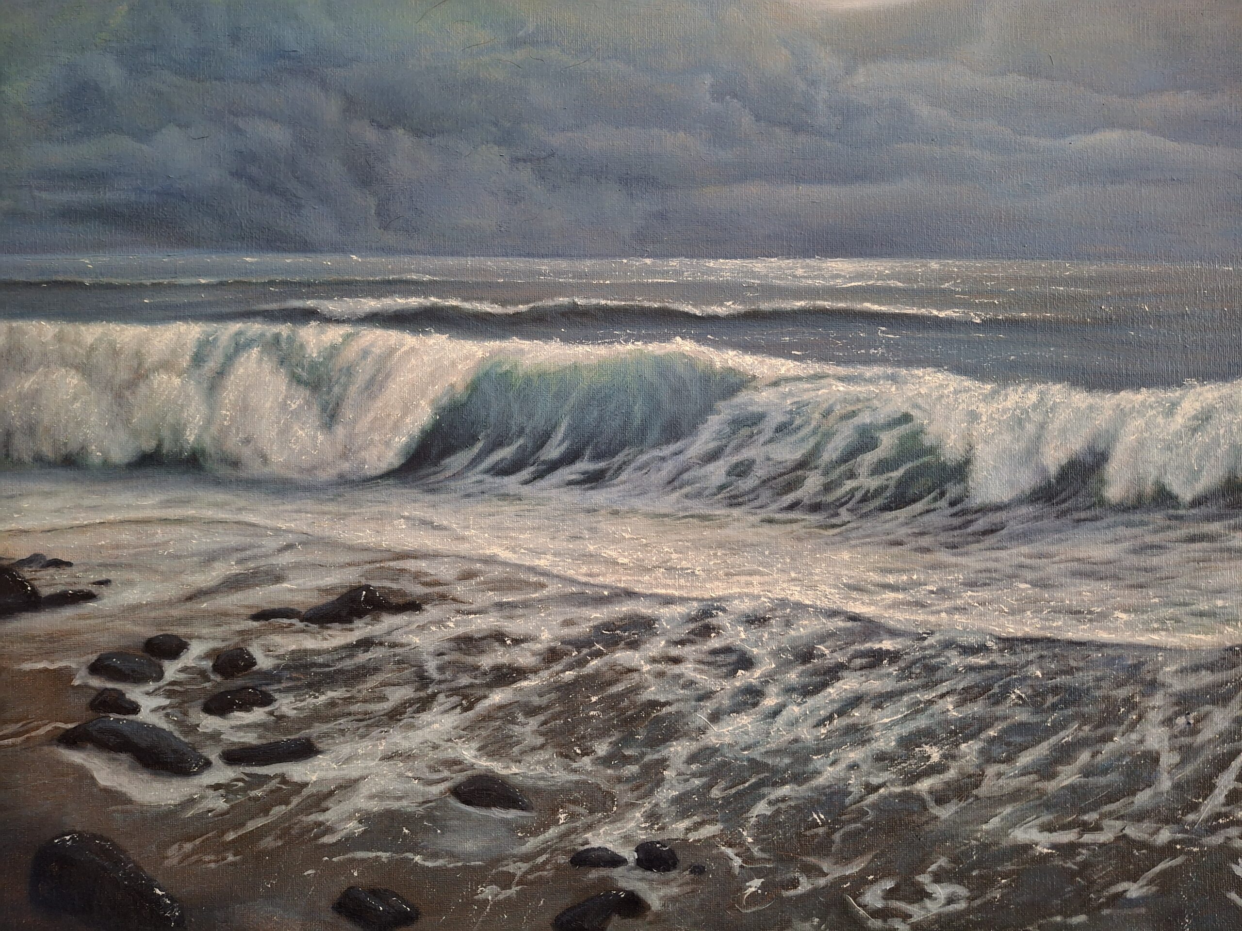 A painting of a wave along a sandy shoreline.