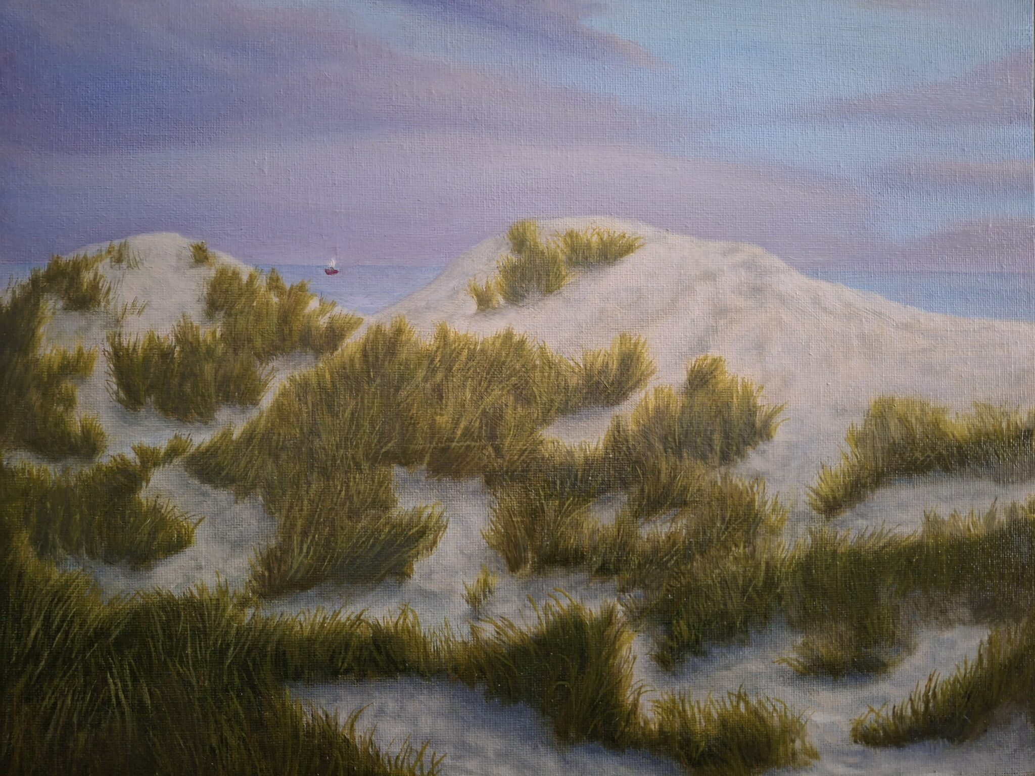 A painting of sand dunes at sunrise